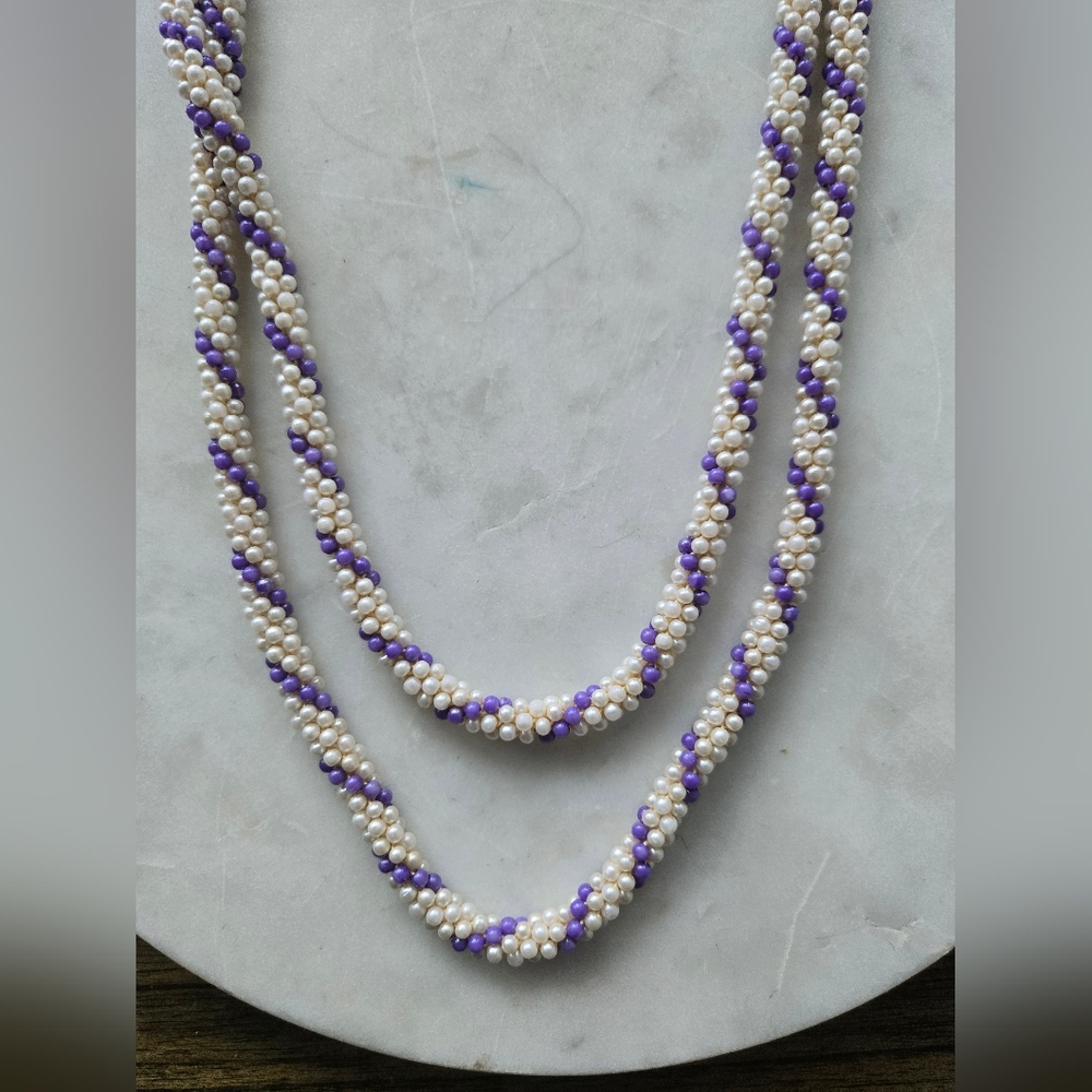 Vintage Braided Rope Necklace Purple Ivory